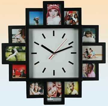 Foto Wanduhr Foto Galerieuhr für 12 Bilder mit Uhr mit schwarzen Bilderrahmen -