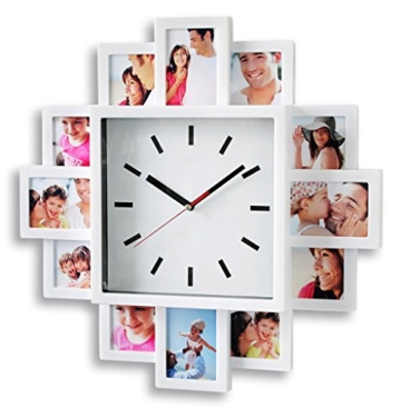 levandeo Fotouhr 40x40cm Wanduhr für 12 Fotos – Kunststoff weiß – Fotogalerie Bilderrahmen Bildergalerie Fotocollage Fotorahmen Uhr Bilderuhr -